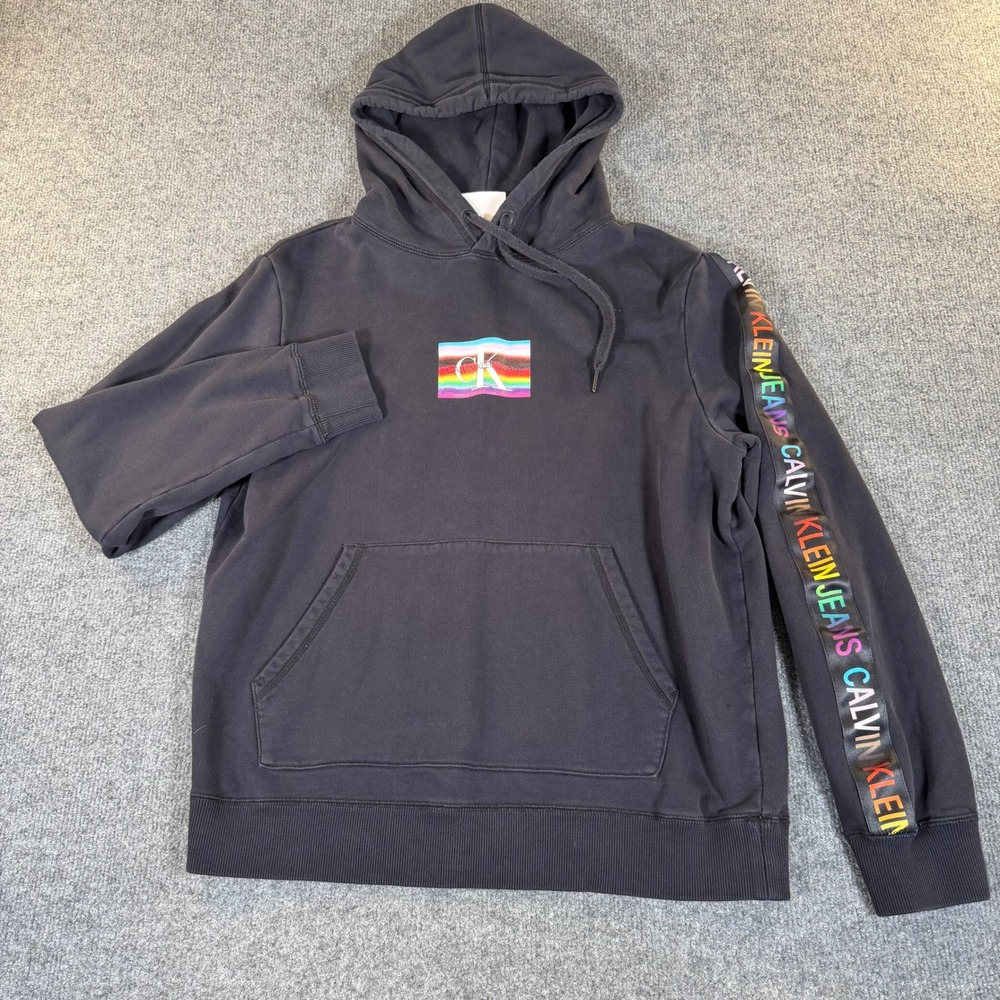Calvin Klein Jeans Mens Pride Rainbow Logo Hoodie Black J30J316135 L #3951